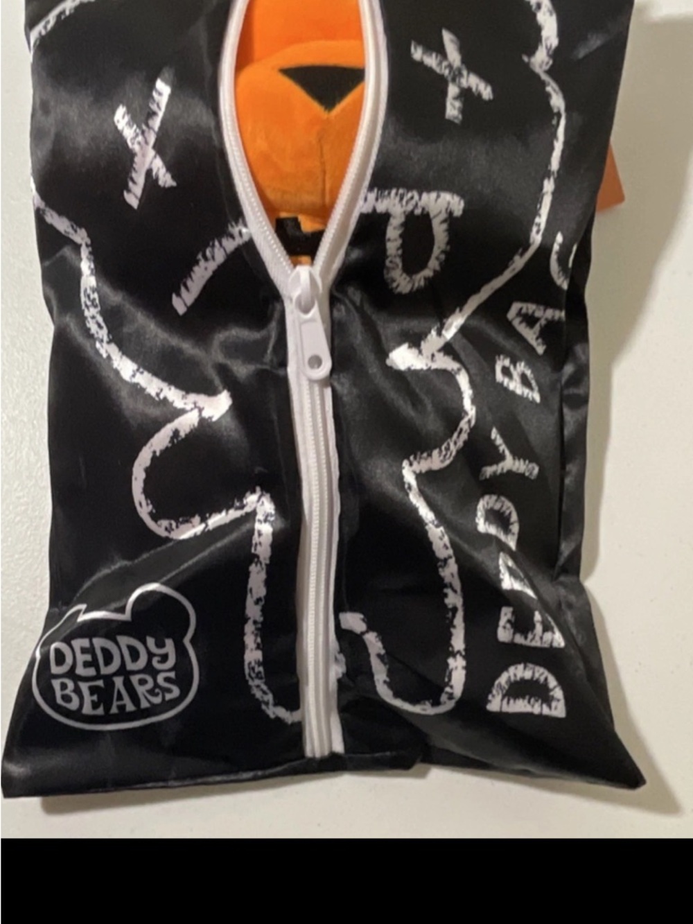 Deddy Bears Black Satin Plush Pouch with White Script squash new with tags